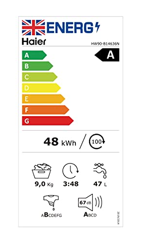 Haier HW90-B14636N Freestanding Washing Machine With LED Display, 9kg Load, 1400RPM, Direct Motion, White, 2021-9kg 636