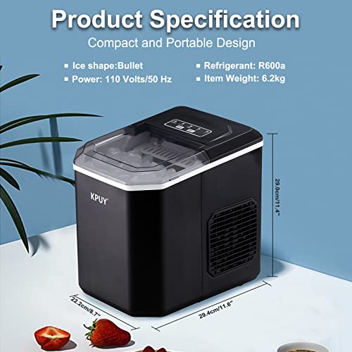 KPUY Ice Maker Machine Countertop Ice Machine for Home, Self-Cleaning Ice Maker, 9 Cubes Ready in 6-13 Mins, 12KGs in 24Hrs Portable Ice Cube Maker Machine for Home/Kitchen/Office/Bar