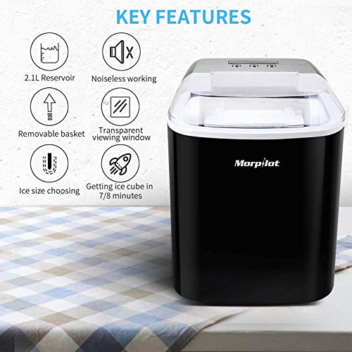 Ice Cube Maker, Morpilot 120 W Ice Cube Machine, 12 Kg 24 H, Preparation in 8-9 Min, 1.5 Litre Water Tank, Self-Cleaning Function, Black
