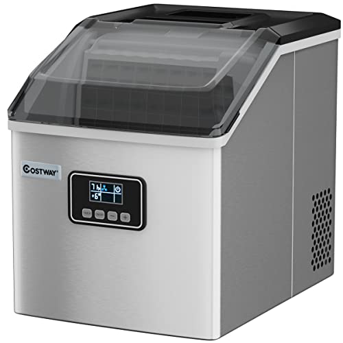 COSTWAY 22kg/24H Ice Cube Maker, Stainless Steel Counter Top Ice Machine with Automatic Self-Cleaning, Timer Function, Water-shortage and Ice Full Flash, Ice Scoop & Basket for Home Office Party Bar