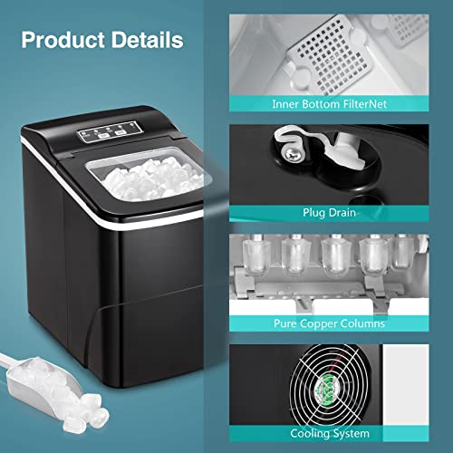 RWFlame Ice Maker Machine, Ice Machines for Home, Make 26 lbs ice in 24 hrs, Ice Cube Ready in 6-8 Mins, Ice Maker with Ice Scoop and Basket (Black）