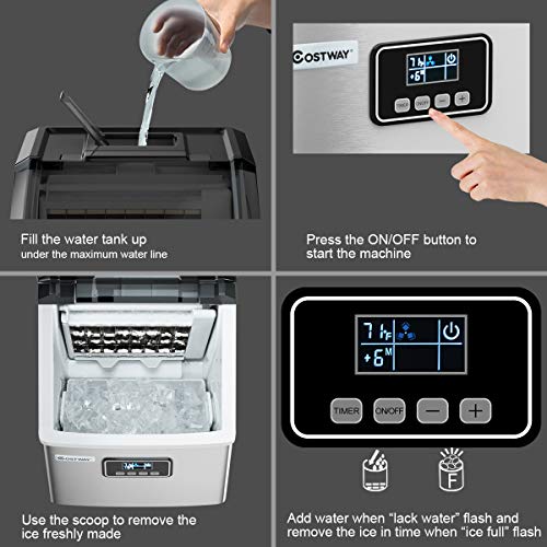 COSTWAY 22kg/24H Ice Cube Maker, Stainless Steel Counter Top Ice Machine with Automatic Self-Cleaning, Timer Function, Water-shortage and Ice Full Flash, Ice Scoop & Basket for Home Office Party Bar