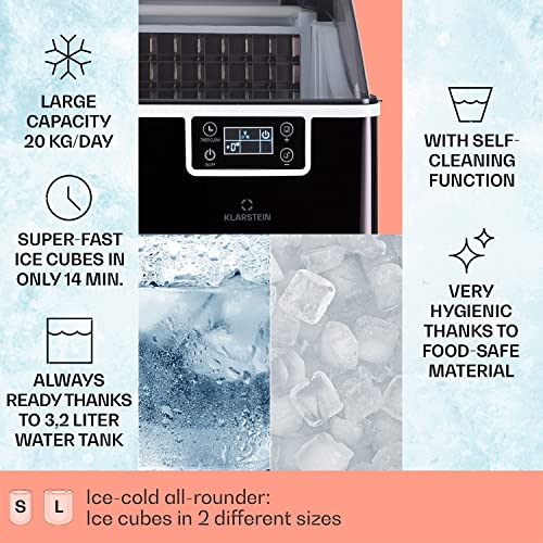 Klarstein Small Ice Maker Machine, Counter Top Ice Machine for Home and Kitchen, 3.2L Capacity, Fast Operation, Makes 20kg of Ice, Large and Small Sized Bullets, Self-Cleaning Ice Cube Maker Machine
