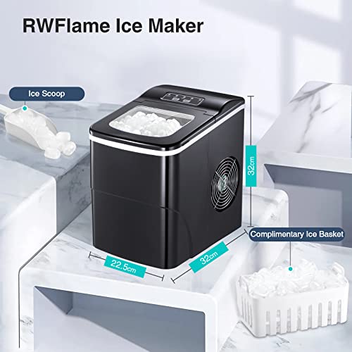 RWFlame Ice Maker Machine, Ice Machines for Home, Make 26 lbs ice in 24 hrs, Ice Cube Ready in 6-8 Mins, Ice Maker with Ice Scoop and Basket (Black）