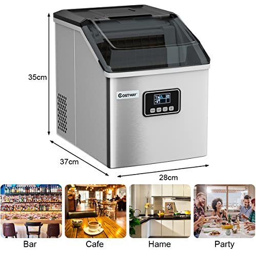 COSTWAY 22kg/24H Ice Cube Maker, Stainless Steel Counter Top Ice Machine with Automatic Self-Cleaning, Timer Function, Water-shortage and Ice Full Flash, Ice Scoop & Basket for Home Office Party Bar