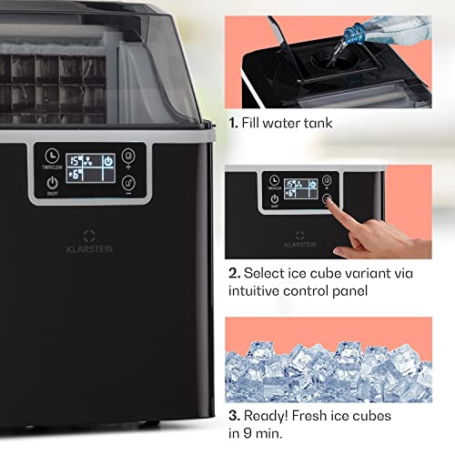 Klarstein Small Ice Maker Machine, Counter Top Ice Machine for Home and Kitchen, 3.2L Capacity, Fast Operation, Makes 20kg of Ice, Large and Small Sized Bullets, Self-Cleaning Ice Cube Maker Machine