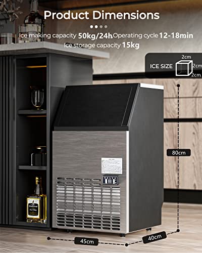 TANGZON Commercial Ice Maker, 50kg/24H, 15kg Ice Storage, Stainless Steel Self-Cleaning Ice Cube Maker with Digital Control & Ice Scoop, Ice Making Machine for Home Office Bar (45 Cubes in 12-18 mins)