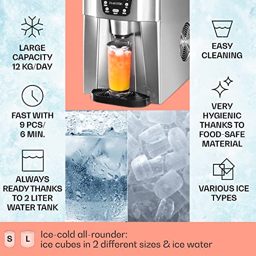 Klarstein Small Ice Maker Machine, Counter Top Ice Machine For Home and Kitchen, 2L Capacity, Fast Operation, Makes 12kg of Ice, Dispenses Cold Water, Bullet Ice Cube Maker Machine