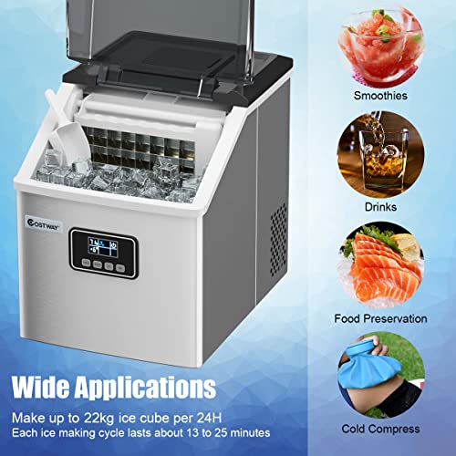 COSTWAY 22kg/24H Ice Cube Maker, Stainless Steel Counter Top Ice Machine with Automatic Self-Cleaning, Timer Function, Water-shortage and Ice Full Flash, Ice Scoop & Basket for Home Office Party Bar