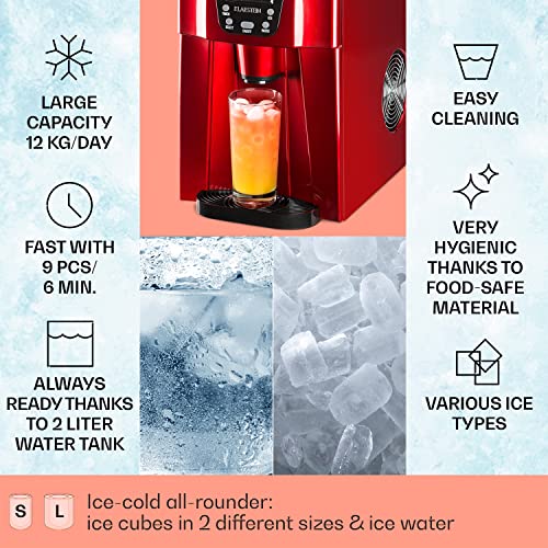 Klarstein Small Ice Maker Machine, Counter Top Ice Machine For Home and Kitchen, 2L Capacity, Fast Operation, Makes 12kg of Ice, Dispenses Cold Water, Bullet Ice Cube Maker Machine