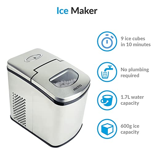 electriQ Ice Maker Machine - Counter Top Machine for Home Use - Make Cubes in 10 Minutes - 10kg Ice in 24 Hours - No Plumbing Required - Free Ice Scoop