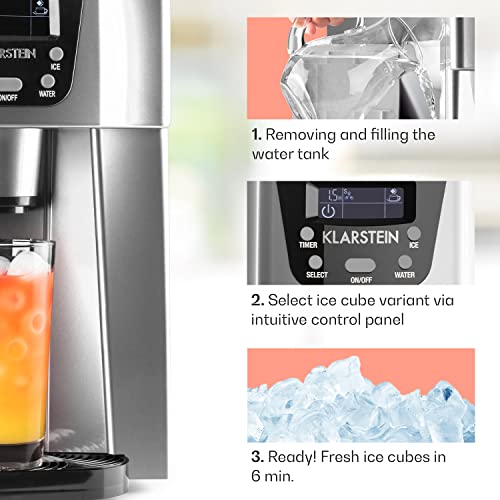 Klarstein Small Ice Maker Machine, Counter Top Ice Machine For Home and Kitchen, 2L Capacity, Fast Operation, Makes 12kg of Ice, Dispenses Cold Water, Bullet Ice Cube Maker Machine