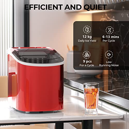 TANGZON Ice Maker Machine, 2.2L Countertop Ice Cube Maker with Removable Basket and Scoop, 12KG/24H Electric Ice Making Machine for Home, Bar and Office (Red)