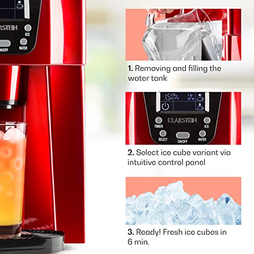 Klarstein Small Ice Maker Machine, Counter Top Ice Machine For Home and Kitchen, 2L Capacity, Fast Operation, Makes 12kg of Ice, Dispenses Cold Water, Bullet Ice Cube Maker Machine