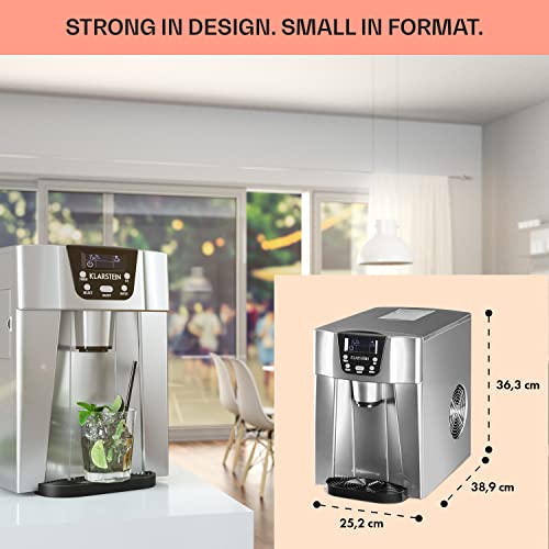 Klarstein Small Ice Maker Machine, Counter Top Ice Machine For Home and Kitchen, 2L Capacity, Fast Operation, Makes 12kg of Ice, Dispenses Cold Water, Bullet Ice Cube Maker Machine