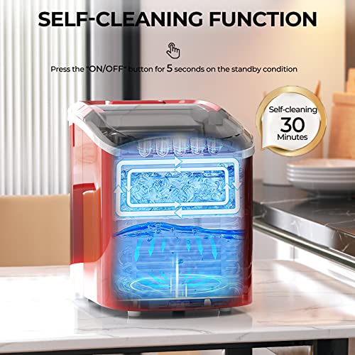 TANGZON Ice Maker Machine, 2.2L Countertop Ice Cube Maker with Removable Basket and Scoop, 12KG/24H Electric Ice Making Machine for Home, Bar and Office (Red)