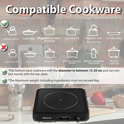 Rasonic Portable Compact Induction Cooker Single Hot Plate with Grill Plate and Cover INCLUDED, Knob Control, 2100W Electric Hob Cooktop 10 Power Levels and Temperature Controls, 1 min to 8-hour Timer