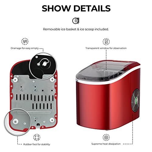 TANGZON Ice Maker Machine, 2.2L Countertop Ice Cube Maker with Removable Basket and Scoop, 12KG/24H Electric Ice Making Machine for Home, Bar and Office (Red)