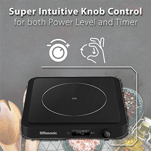 Rasonic Portable Compact Induction Cooker Single Hot Plate with Grill Plate and Cover INCLUDED, Knob Control, 2100W Electric Hob Cooktop 10 Power Levels and Temperature Controls, 1 min to 8-hour Timer