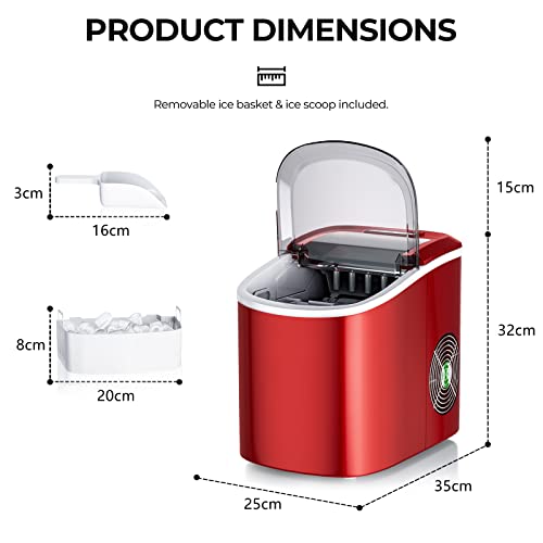 TANGZON Ice Maker Machine, 2.2L Countertop Ice Cube Maker with Removable Basket and Scoop, 12KG/24H Electric Ice Making Machine for Home, Bar and Office (Red)