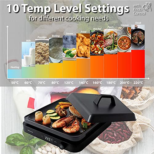 Rasonic Portable Compact Induction Cooker Single Hot Plate with Grill Plate and Cover INCLUDED, Knob Control, 2100W Electric Hob Cooktop 10 Power Levels and Temperature Controls, 1 min to 8-hour Timer