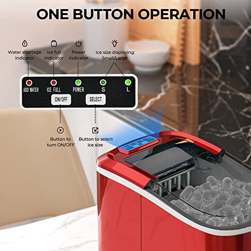 TANGZON Ice Maker Machine, 2.2L Countertop Ice Cube Maker with Removable Basket and Scoop, 12KG/24H Electric Ice Making Machine for Home, Bar and Office (Red)