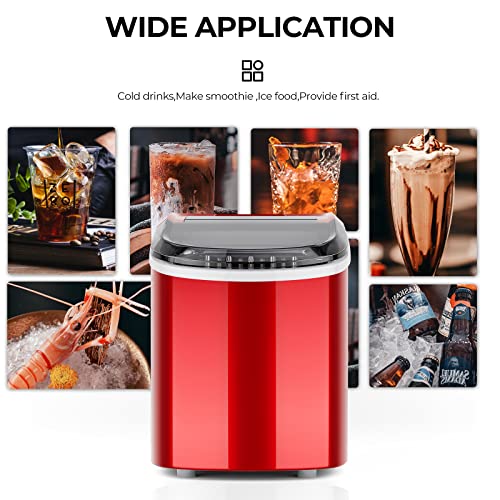 TANGZON Ice Maker Machine, 2.2L Countertop Ice Cube Maker with Removable Basket and Scoop, 12KG/24H Electric Ice Making Machine for Home, Bar and Office (Red)