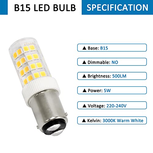 B15d Led Bulb 5W, AC220-240V, Non-Dimmable, 500LM Warm White 3000K, Equivalent 40W Incandescent Bulb, Ba15d Double Bayonet Bulbs for Sewing Machine, Cooker Hood,Refrigerator, Appliance Lamps, 2 Pack