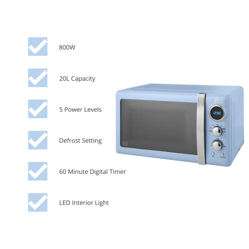 Swan Retro LED Digital Microwave Blue, 20L, 800W, 5 Power Levels Including Defrost Setting, SM22030LBLN