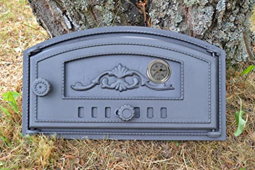 SEZAM cast iron oven door with thermometer 500 °C, opening to the right, pizza oven door - bread oven - stone oven door, 48.2 x 6.5 x 27.5 cm - semicircular, graphite-colored painting