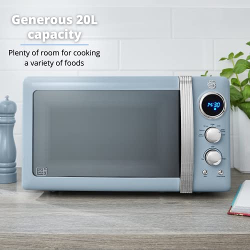 Swan Retro LED Digital Microwave Blue, 20L, 800W, 5 Power Levels Including Defrost Setting, SM22030LBLN