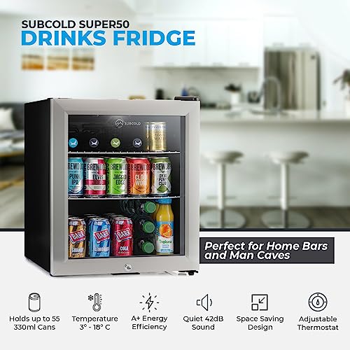 Subcold Super50 LED – Mini Fridge | 50L Beer, Wine & Drinks Fridge | LED Light + Lock and Key | Energy Efficient (Stainless Steel)