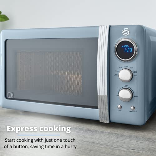 Swan Retro LED Digital Microwave Blue, 20L, 800W, 5 Power Levels Including Defrost Setting, SM22030LBLN