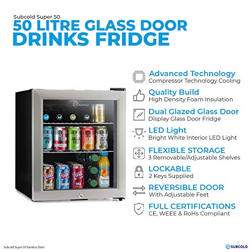 Subcold Super50 LED – Mini Fridge | 50L Beer, Wine & Drinks Fridge | LED Light + Lock and Key | Energy Efficient (Stainless Steel)
