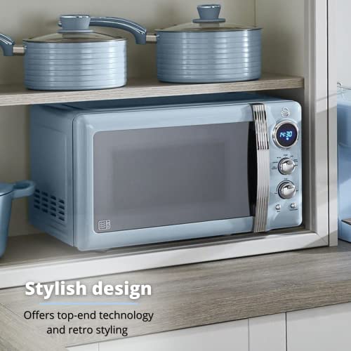 Swan Retro LED Digital Microwave Blue, 20L, 800W, 5 Power Levels Including Defrost Setting, SM22030LBLN