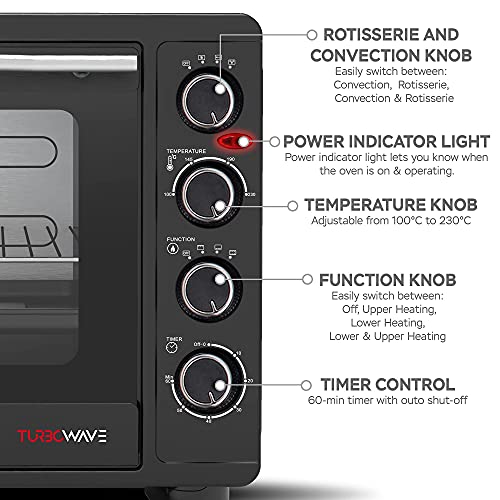 TurboTronic Mini Oven with Circulating Air, 60 L, Black, 2200 W, Mini Oven, Pizza Oven, Rotisserie Spit, Timer, Interior Lighting, Double Glazing