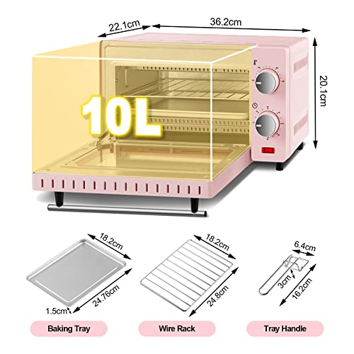 WOLTU Mini Oven 10 Litre, 650W Electric Oven, Small Table Top Oven, 100-230°C, 60 Min. Timer, with Baking Tray, Grill Rack, Removal Handle, Pink, BF10rs