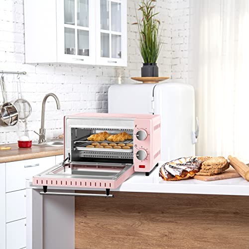 WOLTU Mini Oven 10 Litre, 650W Electric Oven, Small Table Top Oven, 100-230°C, 60 Min. Timer, with Baking Tray, Grill Rack, Removal Handle, Pink, BF10rs