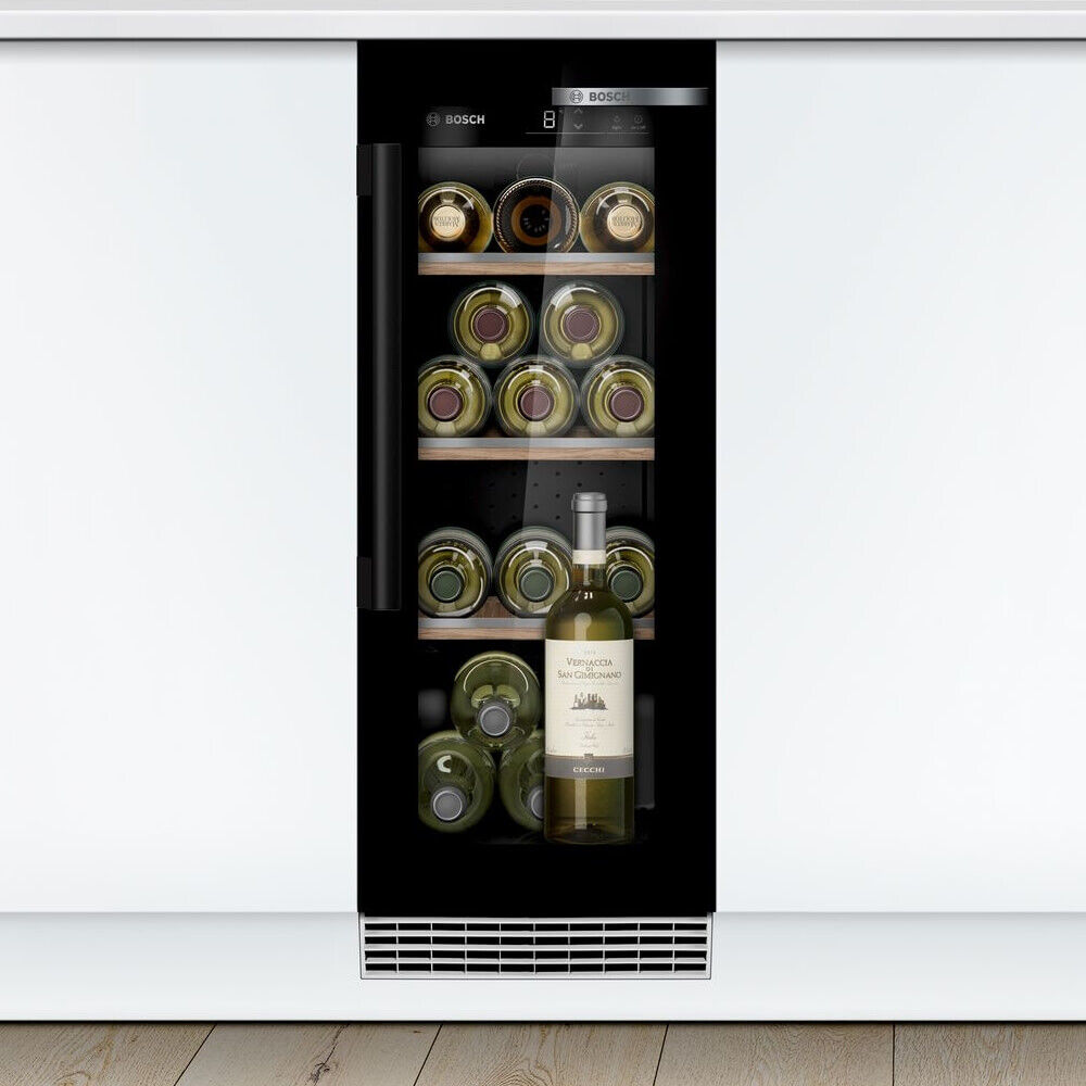 Bosch KUW20VHF0G Serie 6 Built-under Wine Cooler with Glass Door, Adjustable Temperature & Reversible Hinge, 82 cm H x 30 cm W