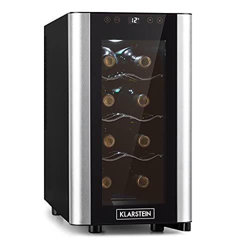 Klarstein Reserva Slim Uno Wine Refrigerator - 23 Litres/8 Bottles, Temperature: 11-18°C, Low Noise: 26 dB, Three Metal Shelf Levels, LED Lighting, UV Protection, Wine Cooler, Colour: Black
