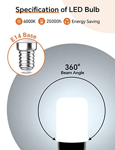 PURSNIC E14 LED Light Bulb Small, 1.5W LED Fridge Bulb Equivalent to 15W Halogen Bulb, Cool White 6000K,150LM SES Small Edison Screw Bulb, for Fridge and Sewing Machine, 360°Beam Angle, 2 Pack