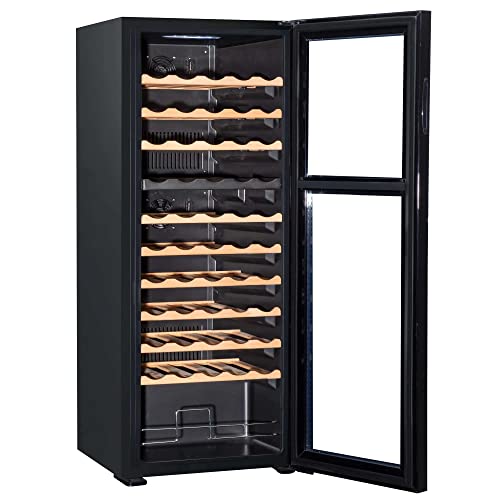 Baridi 55 Bottle Dual Zone Wine Cooler, Fridge with Digital Touch Screen Controls, Wooden Shelves & LED Light, Black - DH93