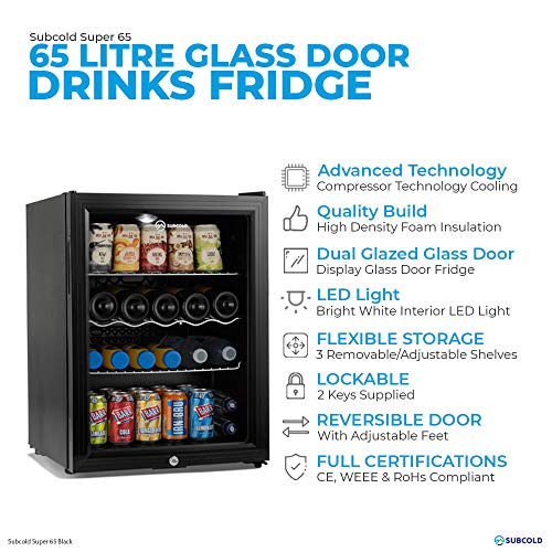 Subcold Super65 LED - Table-Top Fridge | 65L Beer, Wine & Drinks Fridge | LED Light + Lock & Key | Energy Efficient (Black)