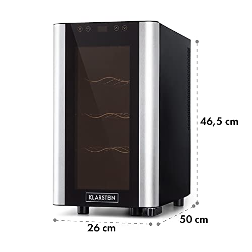 Klarstein Reserva Slim Uno Wine Refrigerator - 23 Litres/8 Bottles, Temperature: 11-18°C, Low Noise: 26 dB, Three Metal Shelf Levels, LED Lighting, UV Protection, Wine Cooler, Colour: Black