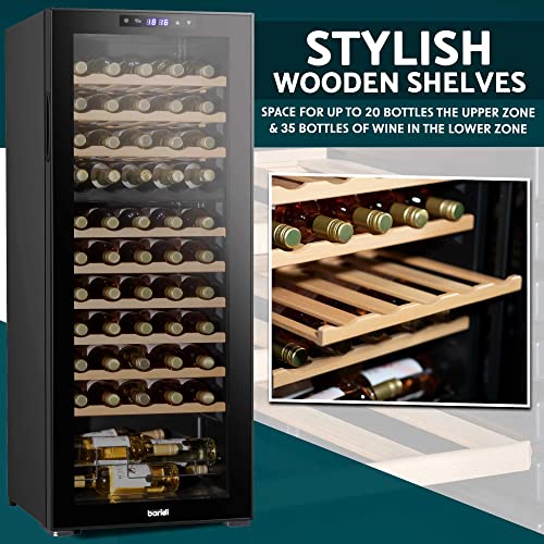 Baridi 55 Bottle Dual Zone Wine Cooler, Fridge with Digital Touch Screen Controls, Wooden Shelves & LED Light, Black - DH93