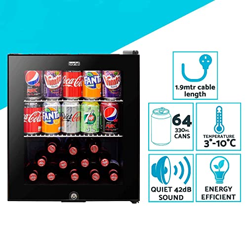 Baridi 50L Drinks Fridge/Beer & Wine Mini-fridge Cooler Table Top Fridge with LED Light & Reversible Glass Door | Bedroom Mini Bar with Lock & Key, Black - DH12