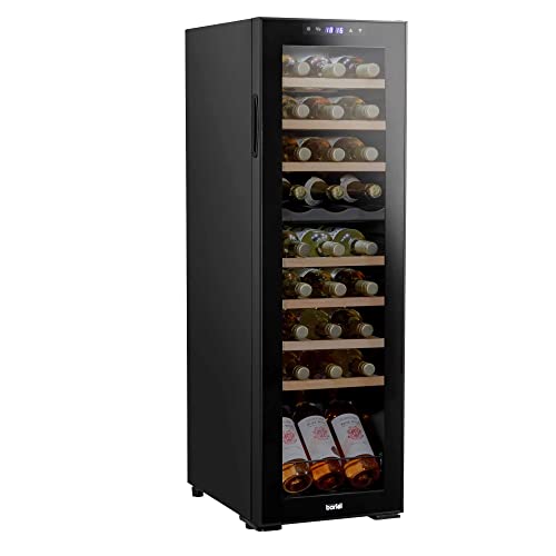 Baridi 27 Bottle Dual Zone Wine Cooler, Fridge with Digital Touch Screen Controls, Wooden Shelves & LED Light, Black - DH90