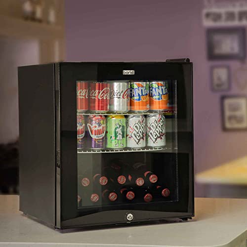 Baridi 50L Drinks Fridge/Beer & Wine Mini-fridge Cooler Table Top Fridge with LED Light & Reversible Glass Door | Bedroom Mini Bar with Lock & Key, Black - DH12