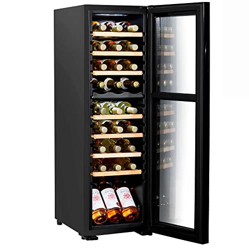Baridi 27 Bottle Dual Zone Wine Cooler, Fridge with Digital Touch Screen Controls, Wooden Shelves & LED Light, Black - DH90