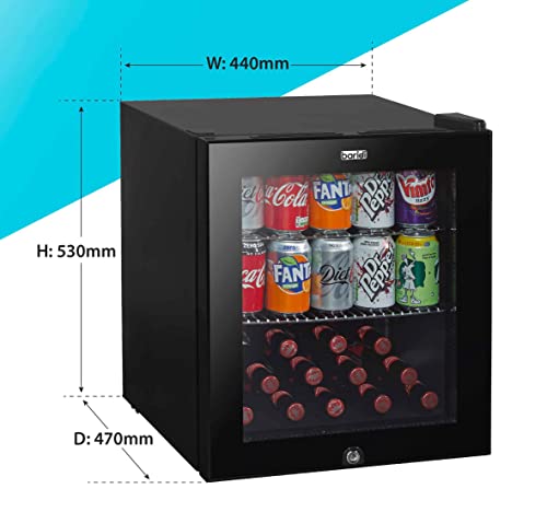 Baridi 50L Drinks Fridge/Beer & Wine Mini-fridge Cooler Table Top Fridge with LED Light & Reversible Glass Door | Bedroom Mini Bar with Lock & Key, Black - DH12